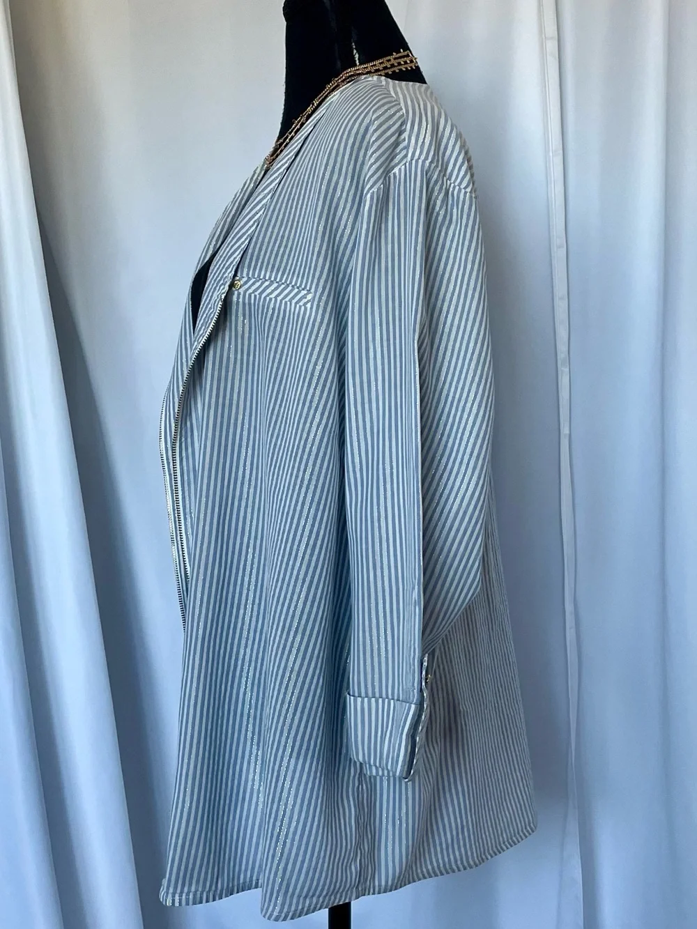 Anne Klein Swimsuit Cover Up Full Zip Blue White Gold Pinstripe Coastal Size XL